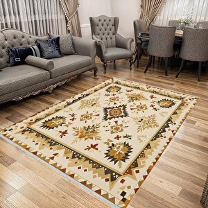 Pamuk Tabanlı Kaymaz Halı – Bej; Kahverengi; Sarı – Oriental Desen, Makinede Yıkanabilir, Kolay Temizlenebilir, Toz Ve Tüy Tutmaz, Evcil Hayvan Dostu 120x180 cm
