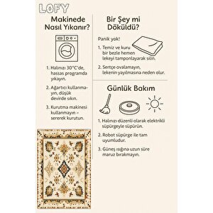 Pamuk Tabanlı Kaymaz Halı – Bej; Kahverengi; Sarı – Oriental Desen, Makinede Yıkanabilir, Kolay Temizlenebilir, Toz Ve Tüy Tutmaz, Evcil Hayvan Dostu