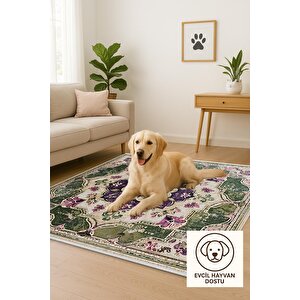 Pamuk Tabanlı Kaymaz Halı – Yeşil; Mor; Bej – Oriental Desen, Makinede Yıkanabilir, Kolay Temizlenebilir, Toz Ve Tüy Tutmaz, Evcil Hayvan Dostu