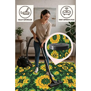 Pamuk Tabanlı Kaymaz Halı – Yeşil; Sarı – Floral Desen, Makinede Yıkanabilir, Kolay Temizlenebilir, Toz Ve Tüy Tutmaz, Evcil Hayvan Dostu