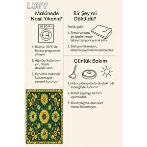 Pamuk Tabanlı Kaymaz Halı – Yeşil; Sarı – Floral Desen, Makinede Yıkanabilir, Kolay Temizlenebilir, Toz Ve Tüy Tutmaz, Evcil Hayvan Dostu