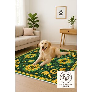 Pamuk Tabanlı Kaymaz Halı – Yeşil; Sarı – Floral Desen, Makinede Yıkanabilir, Kolay Temizlenebilir, Toz Ve Tüy Tutmaz, Evcil Hayvan Dostu