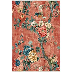 Pamuk Tabanlı Kaymaz Halı – Turuncu; Sarı; Mavi; Yeşil; Krem – Floral Desen, Makinede Yıkanabilir, Kolay Temizlenebilir, Toz Ve Tüy Tutmaz, Evcil Hayvan Dostu 200x220 cm