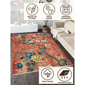 Pamuk Tabanlı Kaymaz Halı – Turuncu; Sarı; Mavi; Yeşil; Krem – Floral Desen, Makinede Yıkanabilir, Kolay Temizlenebilir, Toz Ve Tüy Tutmaz, Evcil Hayvan Dostu 200x220 cm