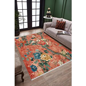 Pamuk Tabanlı Kaymaz Halı – Turuncu; Sarı; Mavi; Yeşil; Krem – Floral Desen, Makinede Yıkanabilir, Kolay Temizlenebilir, Toz Ve Tüy Tutmaz, Evcil Hayvan Dostu 200x220 cm