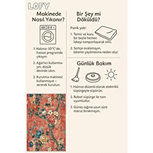 Pamuk Tabanlı Kaymaz Halı – Turuncu; Sarı; Mavi; Yeşil; Krem – Floral Desen, Makinede Yıkanabilir, Kolay Temizlenebilir, Toz Ve Tüy Tutmaz, Evcil Hayvan Dostu
