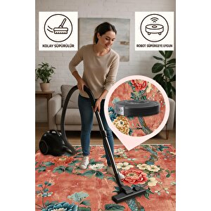 Pamuk Tabanlı Kaymaz Halı – Turuncu; Sarı; Mavi; Yeşil; Krem – Floral Desen, Makinede Yıkanabilir, Kolay Temizlenebilir, Toz Ve Tüy Tutmaz, Evcil Hayvan Dostu