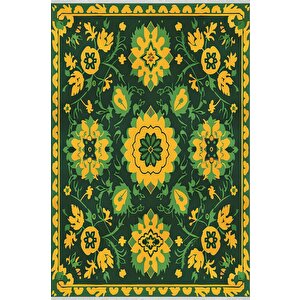 Pamuk Tabanlı Kaymaz Halı – Yeşil; Sarı – Floral Desen, Makinede Yıkanabilir, Kolay Temizlenebilir, Toz Ve Tüy Tutmaz, Evcil Hayvan Dostu 80x80 cm