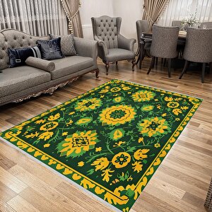 Pamuk Tabanlı Kaymaz Halı – Yeşil; Sarı – Floral Desen, Makinede Yıkanabilir, Kolay Temizlenebilir, Toz Ve Tüy Tutmaz, Evcil Hayvan Dostu 80x80 cm