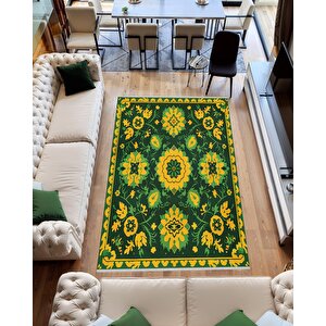 Pamuk Tabanlı Kaymaz Halı – Yeşil; Sarı – Floral Desen, Makinede Yıkanabilir, Kolay Temizlenebilir, Toz Ve Tüy Tutmaz, Evcil Hayvan Dostu 80x80 cm