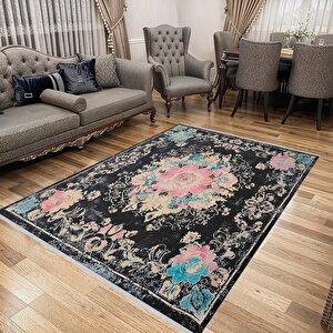 Yıkanabilir Halı – Siyah; Pembe; Mavi; Krem – Geleneksel Desen, Pamuk Dokuma Taban, Makinede Yıkanabilir, Kolay Temizlenebilir, Toz Ve Tüy Tutmaz, Kaymaz, Evcil Hayvan Dostu 160x230 cm
