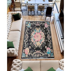Yıkanabilir Halı – Siyah; Pembe; Mavi; Krem – Geleneksel Desen, Pamuk Dokuma Taban, Makinede Yıkanabilir, Kolay Temizlenebilir, Toz Ve Tüy Tutmaz, Kaymaz, Evcil Hayvan Dostu 160x230 cm