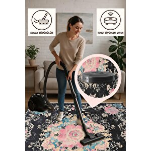 Yıkanabilir Halı – Siyah; Pembe; Mavi; Krem – Geleneksel Desen, Pamuk Dokuma Taban, Makinede Yıkanabilir, Kolay Temizlenebilir, Toz Ve Tüy Tutmaz, Kaymaz, Evcil Hayvan Dostu