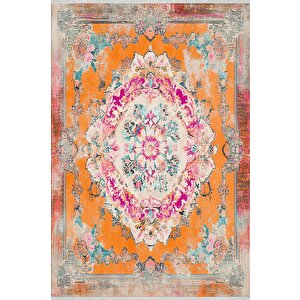 Pamuk Tabanlı Kaymaz Halı – Turuncu; Pembe; Mavi; Krem – Oriental Desen, Makinede Yıkanabilir, Kolay Temizlenebilir, Toz Ve Tüy Tutmaz, Evcil Hayvan Dostu 120x270 cm