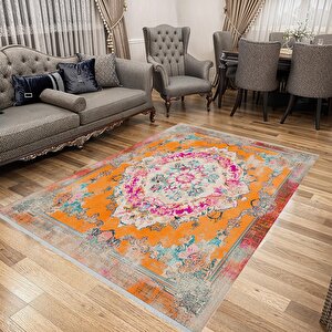 Pamuk Tabanlı Kaymaz Halı – Turuncu; Pembe; Mavi; Krem – Oriental Desen, Makinede Yıkanabilir, Kolay Temizlenebilir, Toz Ve Tüy Tutmaz, Evcil Hayvan Dostu 120x270 cm