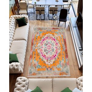 Pamuk Tabanlı Kaymaz Halı – Turuncu; Pembe; Mavi; Krem – Oriental Desen, Makinede Yıkanabilir, Kolay Temizlenebilir, Toz Ve Tüy Tutmaz, Evcil Hayvan Dostu 120x270 cm
