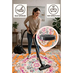 Pamuk Tabanlı Kaymaz Halı – Turuncu; Pembe; Mavi; Krem – Oriental Desen, Makinede Yıkanabilir, Kolay Temizlenebilir, Toz Ve Tüy Tutmaz, Evcil Hayvan Dostu