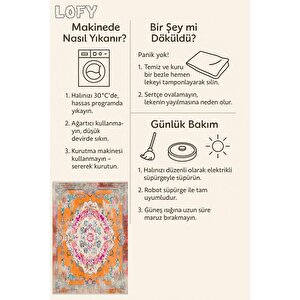 Pamuk Tabanlı Kaymaz Halı – Turuncu; Pembe; Mavi; Krem – Oriental Desen, Makinede Yıkanabilir, Kolay Temizlenebilir, Toz Ve Tüy Tutmaz, Evcil Hayvan Dostu