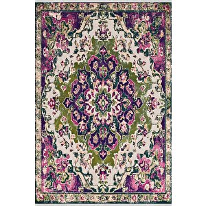 Yıkanabilir Halı – Mor; Yeşil; Krem – Oriental Desen, Pamuk Dokuma Taban, Makinede Yıkanabilir, Kolay Temizlenebilir, Toz Ve Tüy Tutmaz, Kaymaz, Evcil Hayvan Dostu 150x300 cm