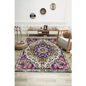 Yıkanabilir Halı – Mor; Yeşil; Krem – Oriental Desen, Pamuk Dokuma Taban, Makinede Yıkanabilir, Kolay Temizlenebilir, Toz Ve Tüy Tutmaz, Kaymaz, Evcil Hayvan Dostu