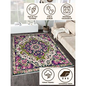 Yıkanabilir Halı – Mor; Yeşil; Krem – Oriental Desen, Pamuk Dokuma Taban, Makinede Yıkanabilir, Kolay Temizlenebilir, Toz Ve Tüy Tutmaz, Kaymaz, Evcil Hayvan Dostu