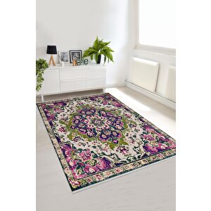Yıkanabilir Halı – Mor; Yeşil; Krem – Oriental Desen, Pamuk Dokuma Taban, Makinede Yıkanabilir, Kolay Temizlenebilir, Toz Ve Tüy Tutmaz, Kaymaz, Evcil Hayvan Dostu