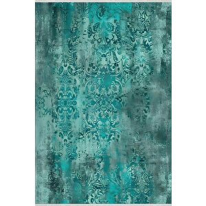 Pamuk Tabanlı Kaymaz Halı – Turkuaz; Siyah – Damask Desen, Makinede Yıkanabilir, Kolay Temizlenebilir, Toz Ve Tüy Tutmaz, Evcil Hayvan Dostu 120x180 cm