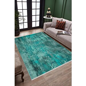 Pamuk Tabanlı Kaymaz Halı – Turkuaz; Siyah – Damask Desen, Makinede Yıkanabilir, Kolay Temizlenebilir, Toz Ve Tüy Tutmaz, Evcil Hayvan Dostu 120x180 cm