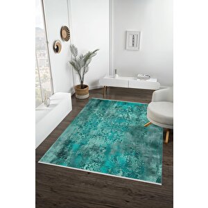 Pamuk Tabanlı Kaymaz Halı – Turkuaz; Siyah – Damask Desen, Makinede Yıkanabilir, Kolay Temizlenebilir, Toz Ve Tüy Tutmaz, Evcil Hayvan Dostu 120x180 cm