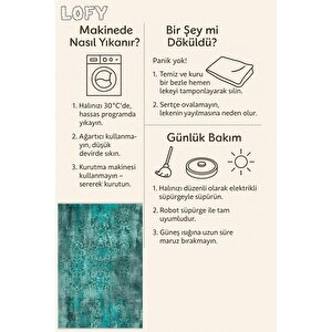 Pamuk Tabanlı Kaymaz Halı – Turkuaz; Siyah – Damask Desen, Makinede Yıkanabilir, Kolay Temizlenebilir, Toz Ve Tüy Tutmaz, Evcil Hayvan Dostu