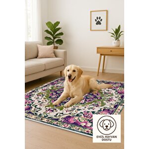 Yıkanabilir Halı – Mor; Yeşil; Krem – Oriental Desen, Pamuk Dokuma Taban, Makinede Yıkanabilir, Kolay Temizlenebilir, Toz Ve Tüy Tutmaz, Kaymaz, Evcil Hayvan Dostu 80x80 cm