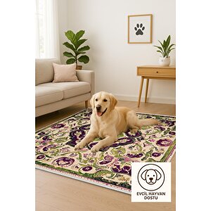 Pamuk Tabanlı Kaymaz Halı – Mor; Yeşil; Bej; Pembe – Oriental Desen, Makinede Yıkanabilir, Kolay Temizlenebilir, Toz Ve Tüy Tutmaz, Evcil Hayvan Dostu