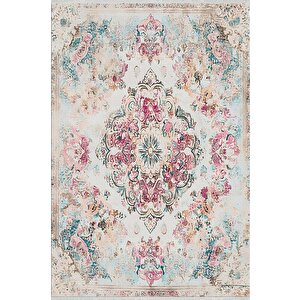 Pamuk Tabanlı Kaymaz Halı – Krem; Pembe; Mavi; Bej – Oriental Desen, Makinede Yıkanabilir, Kolay Temizlenebilir, Toz Ve Tüy Tutmaz, Evcil Hayvan Dostu 160x350 cm