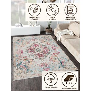 Pamuk Tabanlı Kaymaz Halı – Krem; Pembe; Mavi; Bej – Oriental Desen, Makinede Yıkanabilir, Kolay Temizlenebilir, Toz Ve Tüy Tutmaz, Evcil Hayvan Dostu 160x350 cm