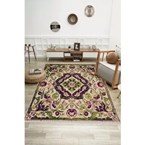 Pamuk Tabanlı Kaymaz Halı – Mor; Yeşil; Bej; Pembe – Oriental Desen, Makinede Yıkanabilir, Kolay Temizlenebilir, Toz Ve Tüy Tutmaz, Evcil Hayvan Dostu 120x180 cm