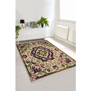 Pamuk Tabanlı Kaymaz Halı – Mor; Yeşil; Bej; Pembe – Oriental Desen, Makinede Yıkanabilir, Kolay Temizlenebilir, Toz Ve Tüy Tutmaz, Evcil Hayvan Dostu 120x180 cm
