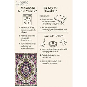 Yıkanabilir Halı – Mor; Yeşil; Krem – Oriental Desen, Pamuk Dokuma Taban, Makinede Yıkanabilir, Kolay Temizlenebilir, Toz Ve Tüy Tutmaz, Kaymaz, Evcil Hayvan Dostu 150x150 cm