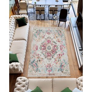 Pamuk Tabanlı Kaymaz Halı – Krem; Pembe; Mavi; Bej – Oriental Desen, Makinede Yıkanabilir, Kolay Temizlenebilir, Toz Ve Tüy Tutmaz, Evcil Hayvan Dostu