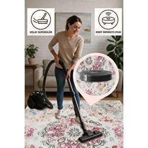 Pamuk Tabanlı Kaymaz Halı – Krem; Pembe; Mavi; Bej – Oriental Desen, Makinede Yıkanabilir, Kolay Temizlenebilir, Toz Ve Tüy Tutmaz, Evcil Hayvan Dostu