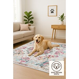 Pamuk Tabanlı Kaymaz Halı – Krem; Pembe; Mavi; Bej – Oriental Desen, Makinede Yıkanabilir, Kolay Temizlenebilir, Toz Ve Tüy Tutmaz, Evcil Hayvan Dostu