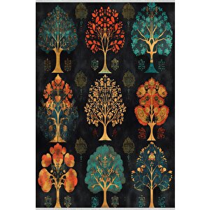 Yıkanabilir Halı – Siyah; Turuncu; Sarı; Kırmızı; Yeşil – Ağaç Deseni, Pamuk Dokuma Taban, Makinede Yıkanabilir, Kolay Temizlenebilir, Toz Ve Tüy Tutmaz, Kaymaz, Evcil Hayvan Dostu 180x270 cm