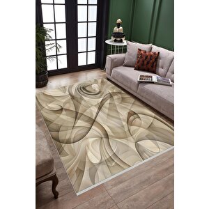 Pamuk Tabanlı Kaymaz Halı – Bej; Kahverengi – Soyut Desen, Makinede Yıkanabilir, Kolay Temizlenebilir, Toz Ve Tüy Tutmaz, Evcil Hayvan Dostu 160x350 cm