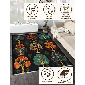 Yıkanabilir Halı – Siyah; Turuncu; Sarı; Kırmızı; Yeşil – Ağaç Deseni, Pamuk Dokuma Taban, Makinede Yıkanabilir, Kolay Temizlenebilir, Toz Ve Tüy Tutmaz, Kaymaz, Evcil Hayvan Dostu