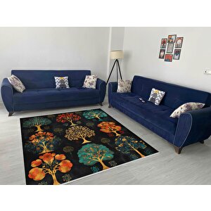 Yıkanabilir Halı – Siyah; Turuncu; Sarı; Kırmızı; Yeşil – Ağaç Deseni, Pamuk Dokuma Taban, Makinede Yıkanabilir, Kolay Temizlenebilir, Toz Ve Tüy Tutmaz, Kaymaz, Evcil Hayvan Dostu