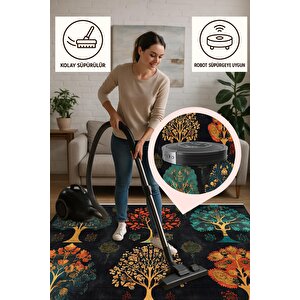 Yıkanabilir Halı – Siyah; Turuncu; Sarı; Kırmızı; Yeşil – Ağaç Deseni, Pamuk Dokuma Taban, Makinede Yıkanabilir, Kolay Temizlenebilir, Toz Ve Tüy Tutmaz, Kaymaz, Evcil Hayvan Dostu