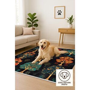 Yıkanabilir Halı – Siyah; Turuncu; Sarı; Kırmızı; Yeşil – Ağaç Deseni, Pamuk Dokuma Taban, Makinede Yıkanabilir, Kolay Temizlenebilir, Toz Ve Tüy Tutmaz, Kaymaz, Evcil Hayvan Dostu