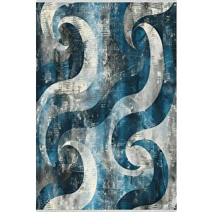 Pamuk Tabanlı Kaymaz Halı – Mavi; Krem; Lacivert – Soyut Desen, Makinede Yıkanabilir, Kolay Temizlenebilir, Toz Ve Tüy Tutmaz, Evcil Hayvan Dostu 120x180 cm