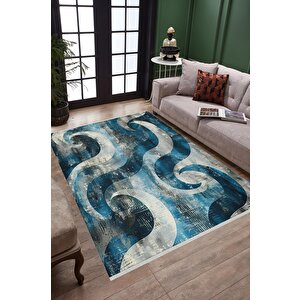 Pamuk Tabanlı Kaymaz Halı – Mavi; Krem; Lacivert – Soyut Desen, Makinede Yıkanabilir, Kolay Temizlenebilir, Toz Ve Tüy Tutmaz, Evcil Hayvan Dostu 120x180 cm