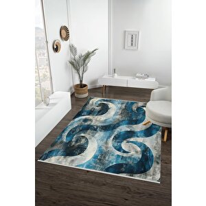 Pamuk Tabanlı Kaymaz Halı – Mavi; Krem; Lacivert – Soyut Desen, Makinede Yıkanabilir, Kolay Temizlenebilir, Toz Ve Tüy Tutmaz, Evcil Hayvan Dostu 120x180 cm