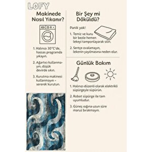 Pamuk Tabanlı Kaymaz Halı – Mavi; Krem; Lacivert – Soyut Desen, Makinede Yıkanabilir, Kolay Temizlenebilir, Toz Ve Tüy Tutmaz, Evcil Hayvan Dostu